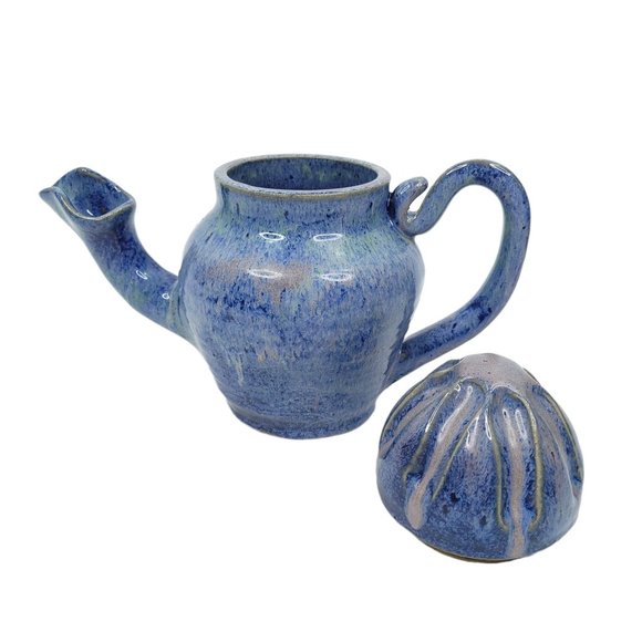 Whimsical Blue Teapot Southern Pottery 24 oz Handmade Boho Artsy Unique Gift - Picture 8 of 12